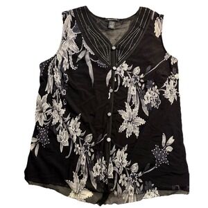 Holiday‎ Embellished Sleeveless 3X Black and White Floral Gauzy Blouse
